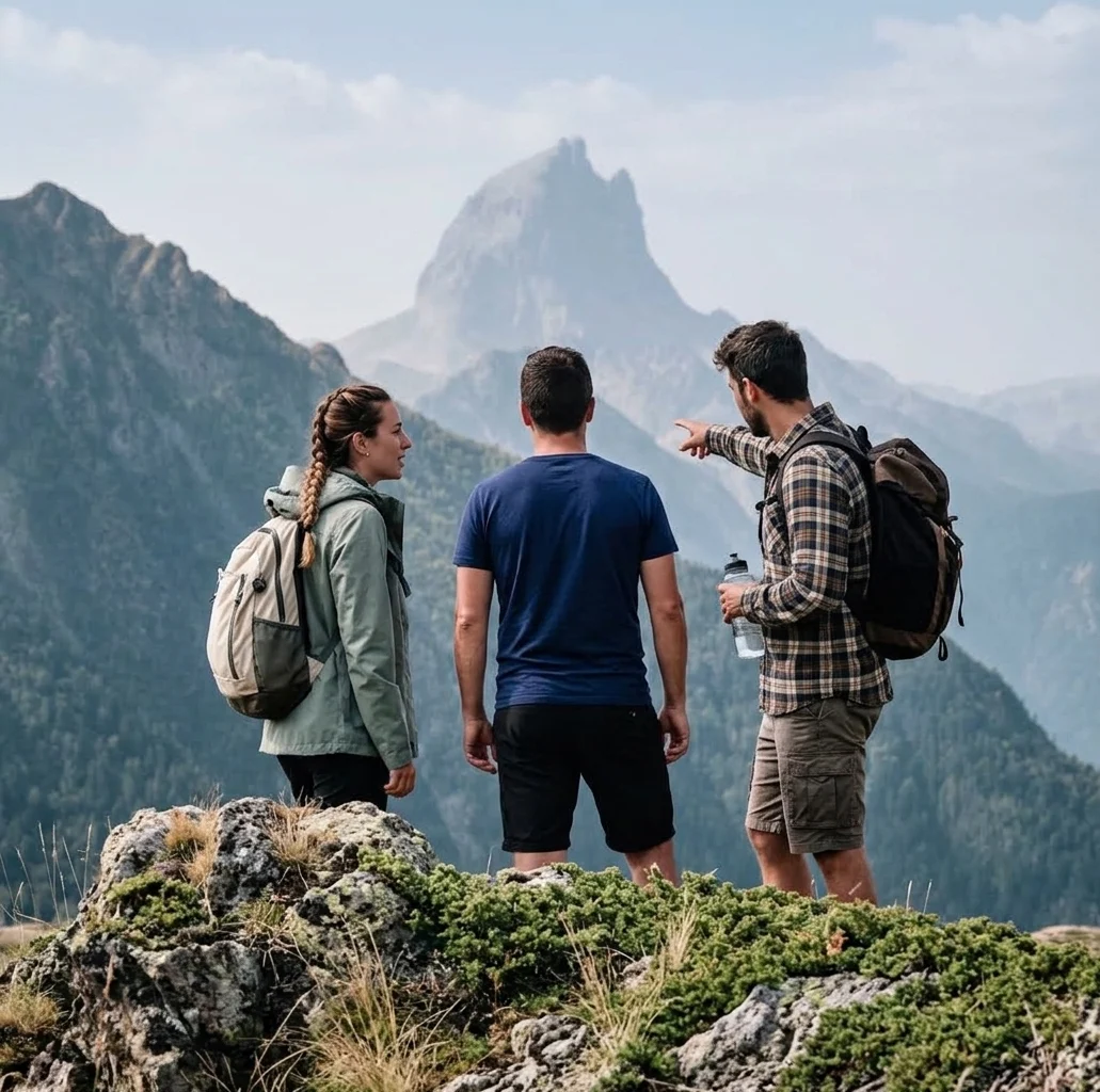 Three friends looking out over a mountain valley